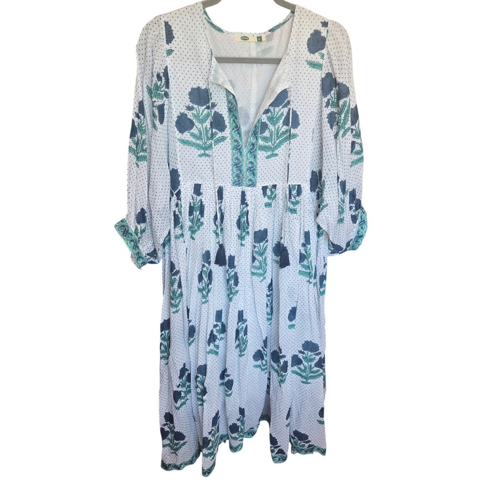 Dolma Mylah Midi Dress Block Print White Floral Beach CoverUp Coastal Boho Large